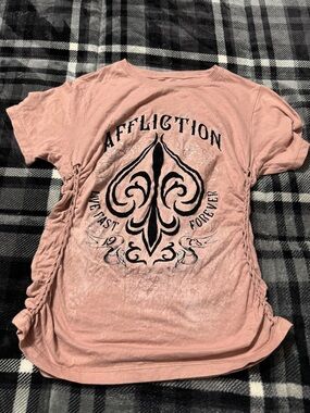 Affliction Women's Dusty Rose Graphic Tee with Black Print and Side Lace-Up